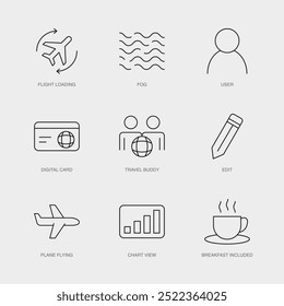 Set von Vektorlinien-Symbolen für Benutzer, Digitalkarte, Travel Buddy und mehr. Editierbare Sammlung von 9 Airline Outline Icons.