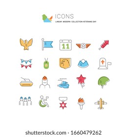 Set of vector line icons of veterans day for modern concepts, web and apps.