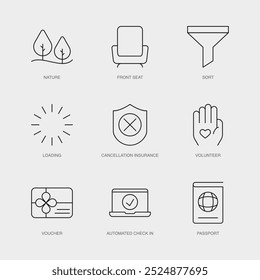 Set of Vector Line Icons for Volunteer, Voucher, Automated Check In and more. Editable collection of 9 Airline Outline Icons.