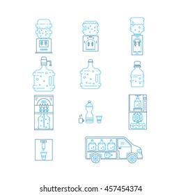 Set of  vector  line icons for water delivery business. Water bottles, water coolers, water delivery car isolated on white background. Design elements for business, website, mobile and app. 