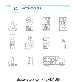 Set of  vector  line icons for water delivery business. Water bottles, water coolers, water delivery car isolated on white background. Design elements for business, website, mobile and app. 