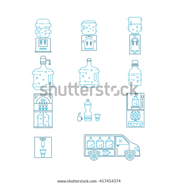 Set of  vector  line icons for water delivery business.\
Water bottles, water coolers, water delivery car isolated on white\
background. Design elements for business, website, mobile and app.\
