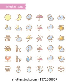 Set of vector line icons of weather, 36 illustrations