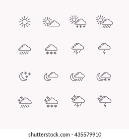 Set of vector line icons weather. Flat image, sun, clouds, rain, moon and vector stars.