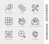 Set of Vector Line Icons for Zoom In, Global Company, Salary Expectations and more. Collection of 9 Business Management App Outline Icons.