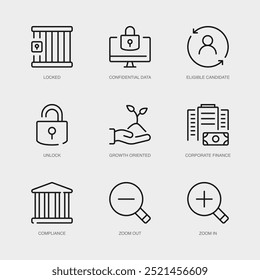 Conjunto de iconos de línea de Vector para alejar, acercar, bloquear y más. Colección de 9 iconos de esquema de App de gestión empresarial.