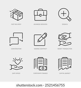 Conjunto de iconos de línea de Vector para acercar, conversar, firmar contrato y más. Colección de 9 iconos de esquema de App de gestión empresarial.