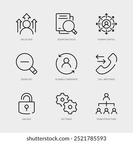 Conjunto de ícones de linha vetorial para redução, candidato qualificado, reuniões de chamada e muito mais. Coleção de 9 Ícones de Estrutura de Tópicos de Aplicativo de Gerenciamento de Negócios.