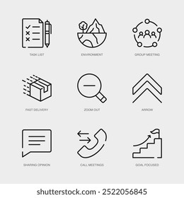 Conjunto de iconos de línea de Vector para alejar, flecha, compartir opinión y más. Colección de 9 iconos de esquema de App de gestión empresarial.