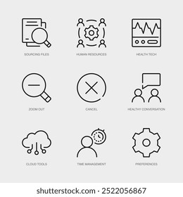 Set of Vector Line Icons for Zoom Out, Cancel, Healthy Conversation and more. Collection of 9 Business Management App Outline Icons.