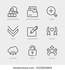 Conjunto de iconos de línea de Vector para acercar, flecha, firmar contrato y más. Colección de 9 iconos de esquema de App de gestión empresarial.