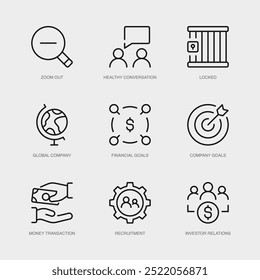 Conjunto de ícones de linha vetorial para redução, conversa íntegra, bloqueada e muito mais. Coleção de 9 Ícones de Estrutura de Tópicos de Aplicativo de Gerenciamento de Negócios.