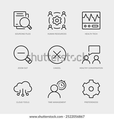 Set of Vector Line Icons for Zoom Out, Cancel, Healthy Conversation and more. Collection of 9 Business Management App Outline Icons.