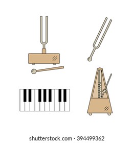 Set of  vector line icons.Tuning fork,piano keys,metronome.