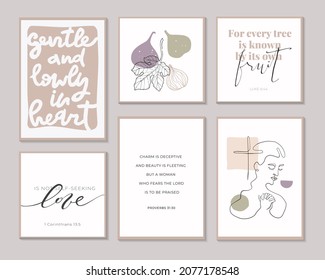 Set of vector line illustrations and bible verses in soft neutral colores.Perfect inspiring interior prints.