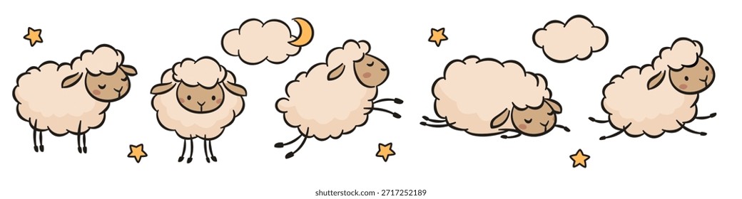 Un conjunto de ilustraciones de línea de Vector sobre un fondo blanco. Lindas ovejas y corderos en diferentes poses, saltando, corriendo y durmiendo. Nubes, luna y estrellas. 
