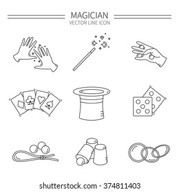 Set of vector line magician icons.Magic show.