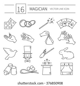 Set of vector line magician icons.Magic show.