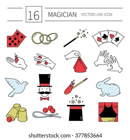 Set of vector line magician icons.Magic show.