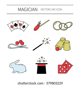 Set of vector line magician icons.Magic show.