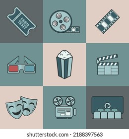 Set von Vektorgrafik-Filmsymbolen. Z.B.: Kamera, Tapete, Filme, Kino, Stühle, Popcorn, Pixel perfekte Masken. Bearbeitbare Striche.
