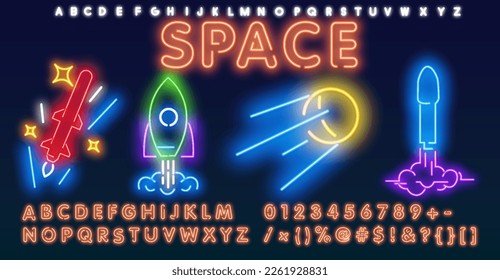 Set of vector line neon icons, sign and symbols with text elements of space for modern concepts, web and apps. Collection of infographics logos and pictograms.