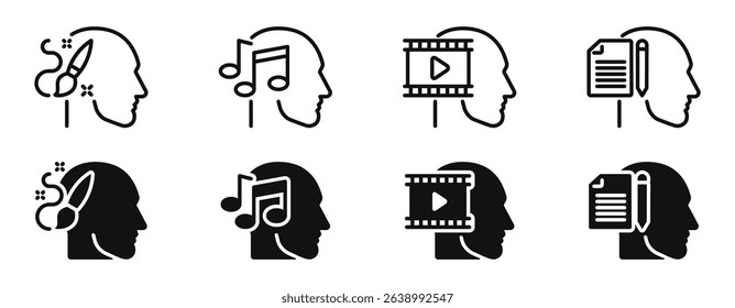 Set of vector line and solid icons related to artificial intelligence, machine learning, generative content. Symbols for website or app UI, logo design, illustration