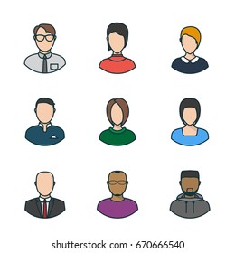 Set of vector line style people faces. Characters portraits and avatars, freelancer, businessman with tie and jacket, and secretary faces both men and women with hairstyle.