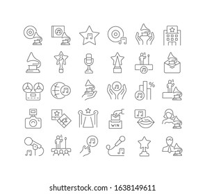 Set vector line thin icons of music award in linear design for mobile concepts and web apps. Collection modern infographic pictogram and signs.