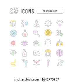 Set vector line thin icons of coronavirus in linear design for mobile concepts and web apps. Collection modern infographic pictogram and signs.