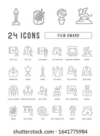 Set vector line thin icons of film award in linear design for mobile concepts and web apps. Collection modern infographic pictogram and signs.