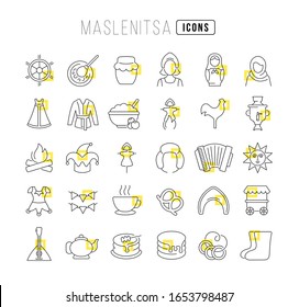 Set vector line thin icons of maslenitsa in linear design for mobile concepts and web apps. Collection modern infographic pictogram and signs.