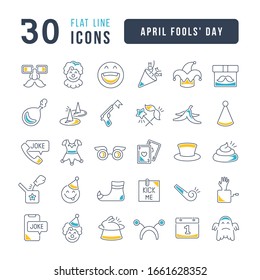 Set vector line thin icons of april fool's day in linear design for mobile concepts and web apps. Collection modern infographic pictogram and signs.