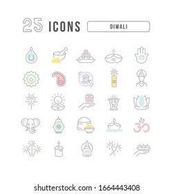 Set vector line thin icons of diwali in linear design for mobile concepts and web apps. Collection modern infographic pictogram and signs.