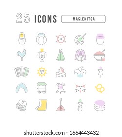 Set vector line thin icons of maslenitsa in linear design for mobile concepts and web apps. Collection modern infographic pictogram and signs.