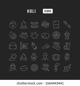 Set vector line thin icons of holi in linear design for mobile concepts and web apps. Collection modern infographic pictogram and signs.