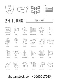 Set vector line thin icons of flag day in linear design for mobile concepts and web apps. Collection modern infographic pictogram and signs.