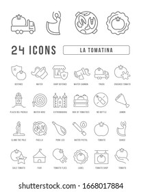 Set vector line thin icons of la tomatina in linear design for mobile concepts and web apps. Collection modern infographic pictogram and signs.