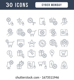Set vector line thin icons of cyber monday in linear design for mobile concepts and web apps. Collection modern infographic pictogram and signs.