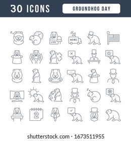 Set vector line thin icons of groundhog day in linear design for mobile concepts and web apps. Collection modern infographic pictogram and signs.