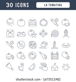 Set vector line thin icons of la tomatina in linear design for mobile concepts and web apps. Collection modern infographic pictogram and signs.