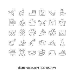 Set vector line thin icons of april fool's day in linear design for mobile concepts and web apps. Collection modern infographic pictogram and signs.