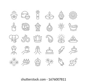 Set vector line thin icons of diwali in linear design for mobile concepts and web apps. Collection modern infographic pictogram and signs.