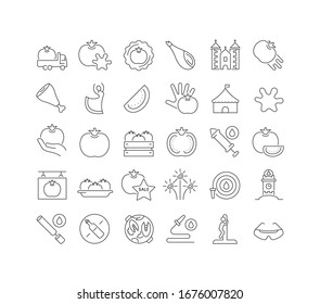 Set vector line thin icons of la tomatina in linear design for mobile concepts and web apps. Collection modern infographic pictogram and signs.