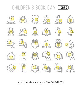 Set Vector Line Thin Icons Of Childrens Book Day In Linear Design For Mobile Concepts And Web Apps. Collection Modern Infographic Pictogram And Signs.