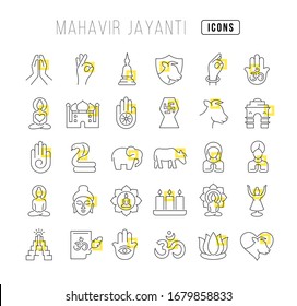 Set vector line thin icons of mahavir jayanti in linear design for mobile concepts and web apps. Collection modern infographic pictogram and signs.