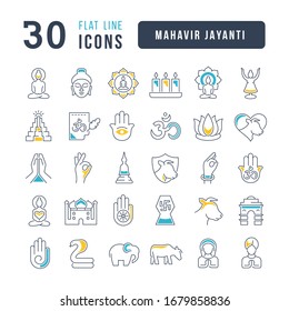 Set vector line thin icons of mahavir jayanti in linear design for mobile concepts and web apps. Collection modern infographic pictogram and signs.