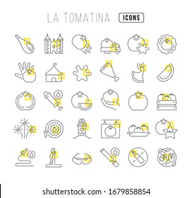 Set vector line thin icons of la tomatina in linear design for mobile concepts and web apps. Collection modern infographic pictogram and signs.