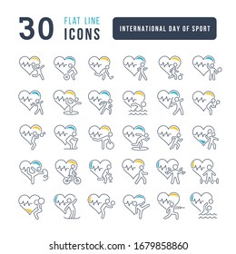 Set vector line thin icons of international day of sport in linear design for mobile concepts and web apps. Collection modern infographic pictogram and signs.