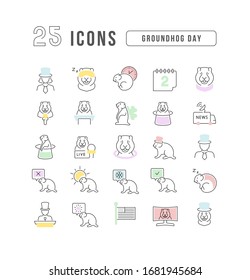 Set vector line thin icons of groundhog day in linear design for mobile concepts and web apps. Collection modern infographic pictogram and signs.